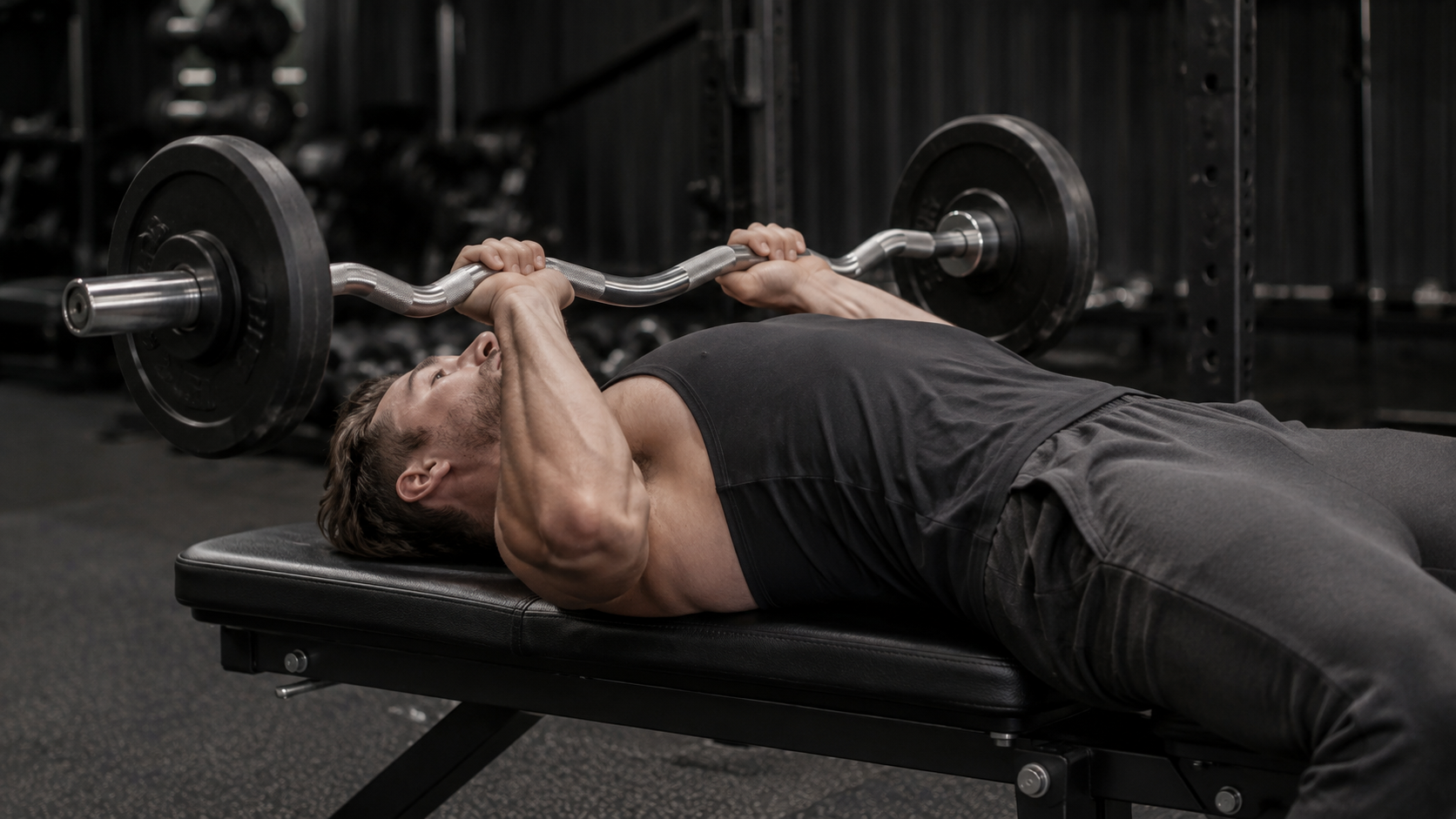 Lifter on a flat bench lowering an EZ bar with elbows tucked close