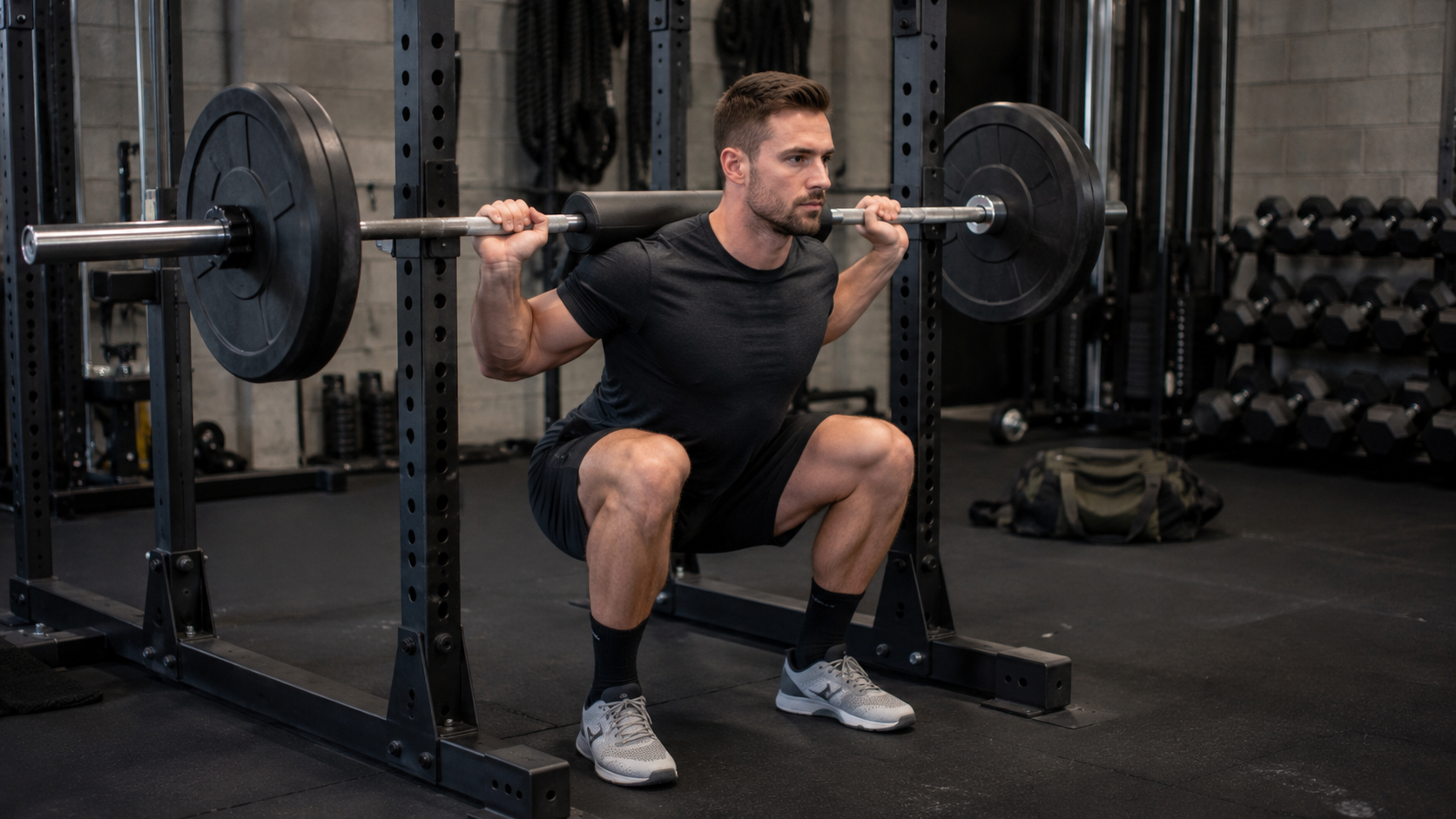 A lifter paused at the bottom of a barbell squat in a gym rack