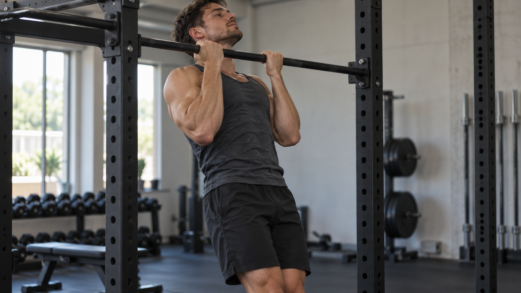 Person doing a strict underhand chin-up on a pull-up bar