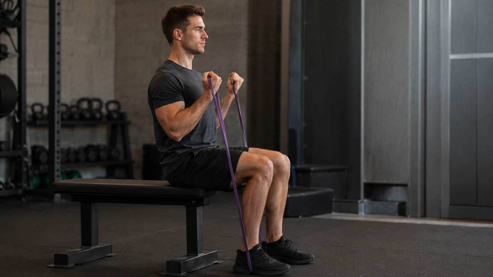 Person seated on a bench curling a resistance band with strict form