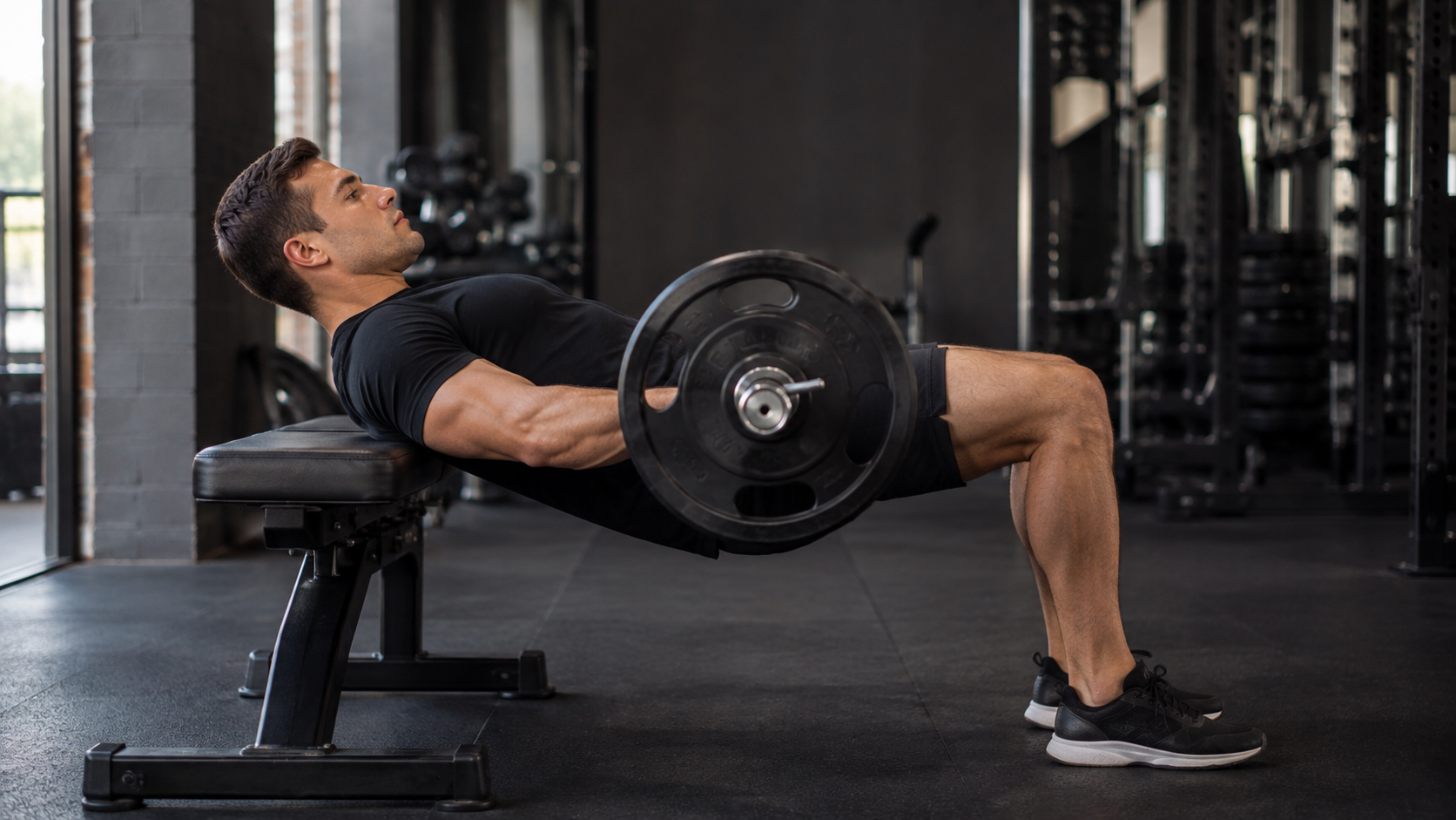 A lifter at the top of a barbell hip thrust with upper back on a bench