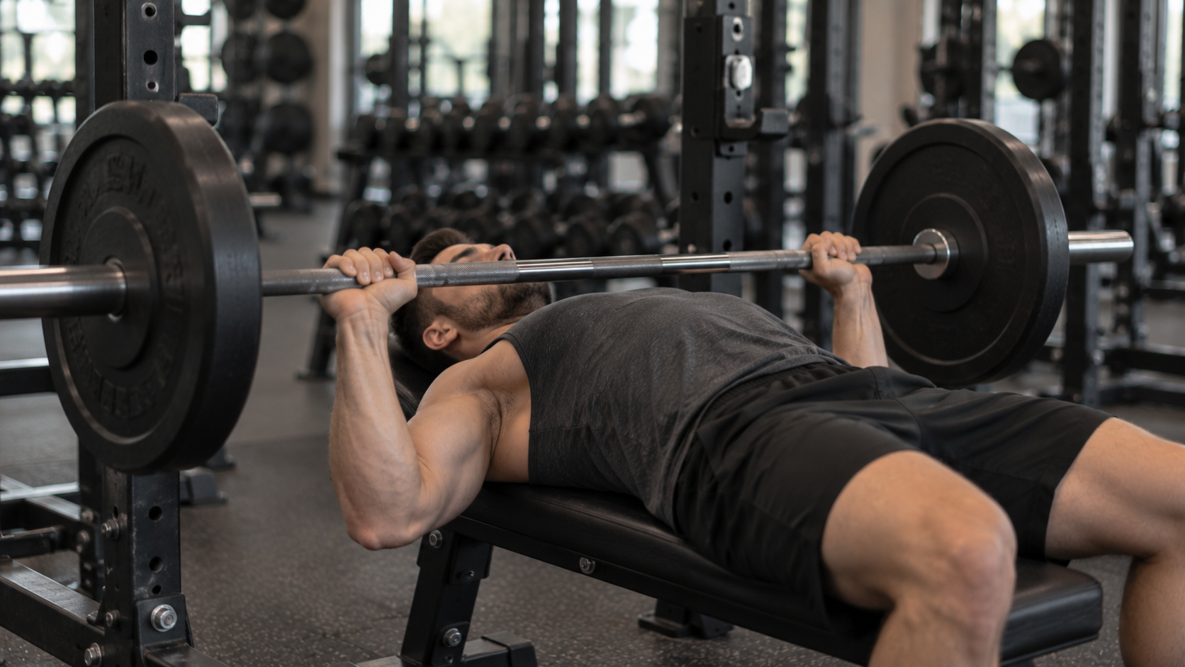 A lifter lowering a barbell to the chest on a flat bench with a wide grip