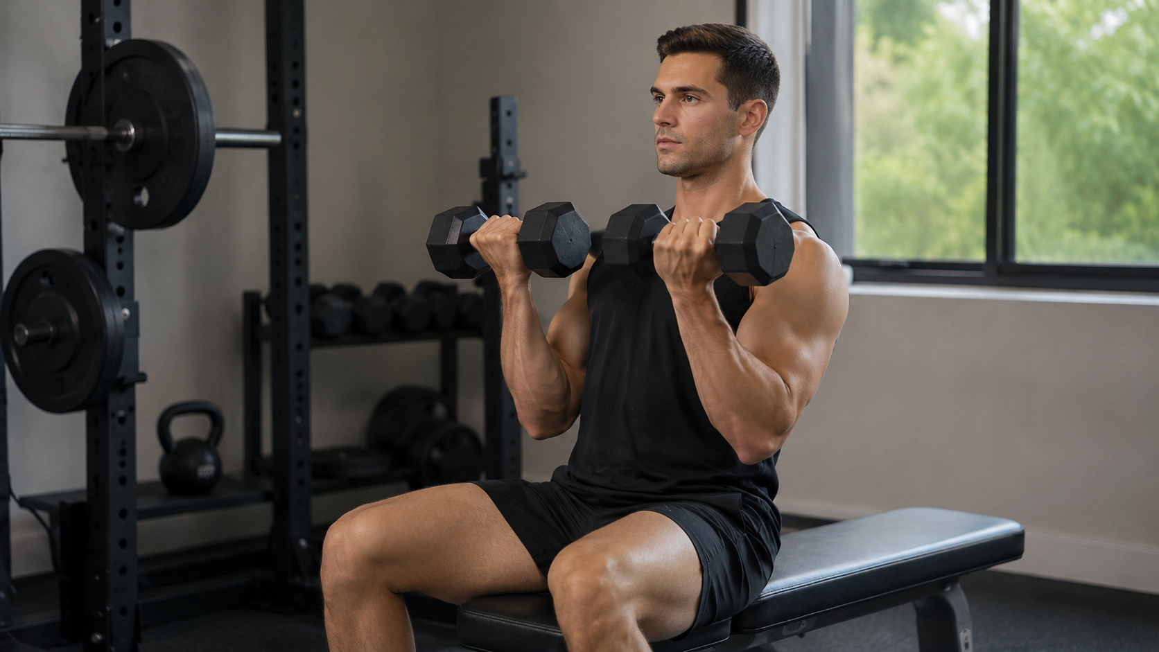 Seated lifter holding dumbbells at the bottom of an Arnold press