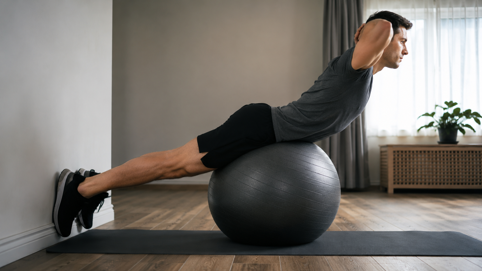 Person doing a back extension on a stability ball with feet braced against a wall