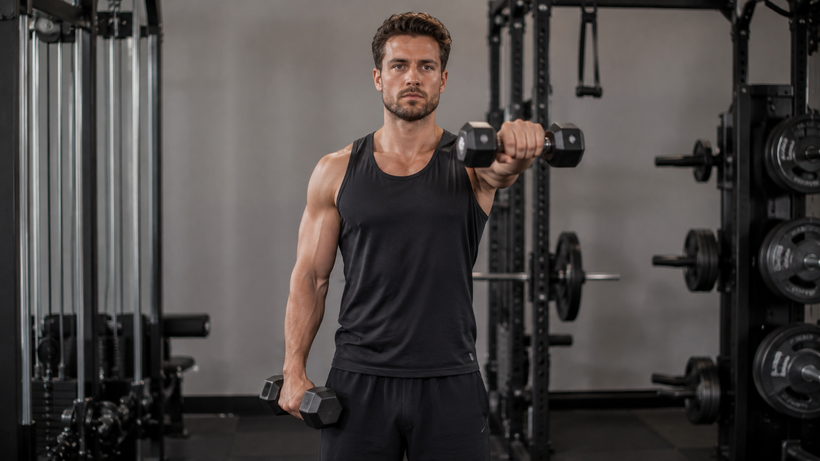 Person doing a dumbbell front raise in a gym, viewed from the front