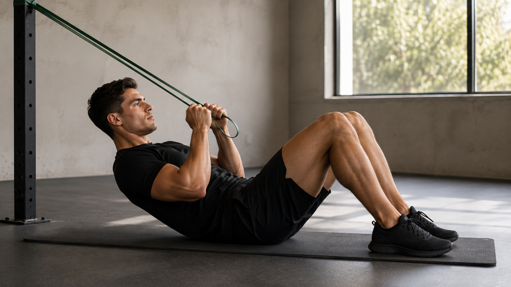 Person doing a band push sit-up on a mat with knees bent and band anchored overhead