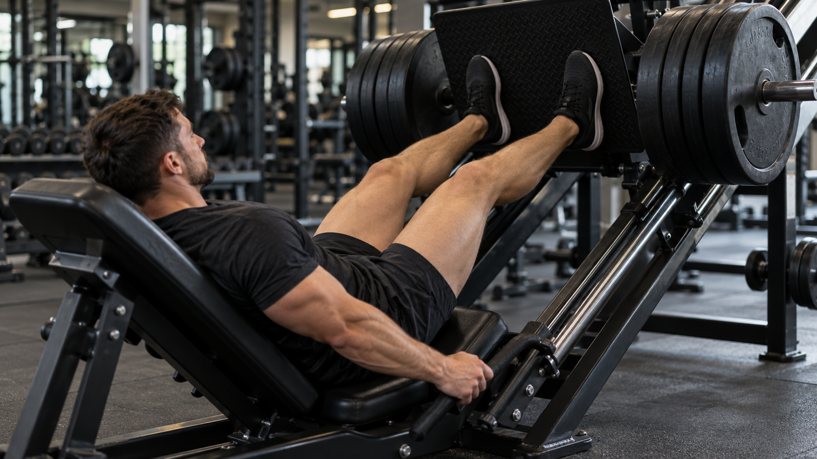 Person doing a leg press on a sled machine with feet on the footplate