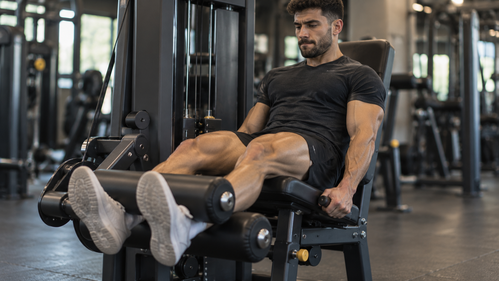 Person doing a seated leg extension on a machine at the top of the rep