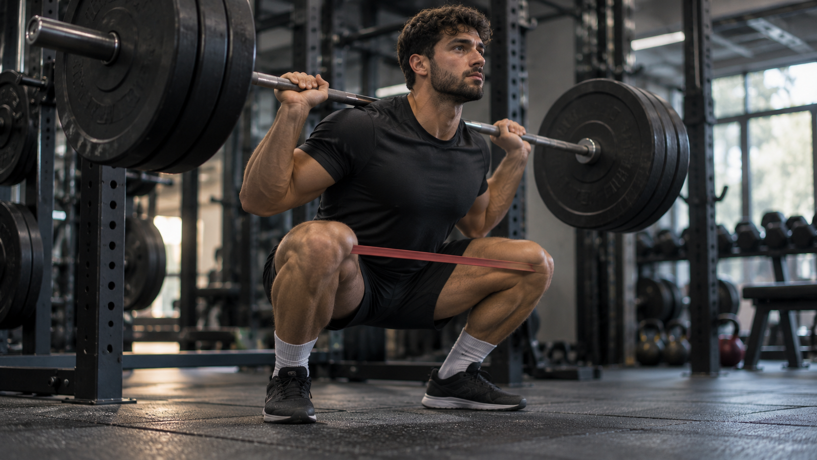 Lifter in a banded squat with knees pushed outward, barbell on back
