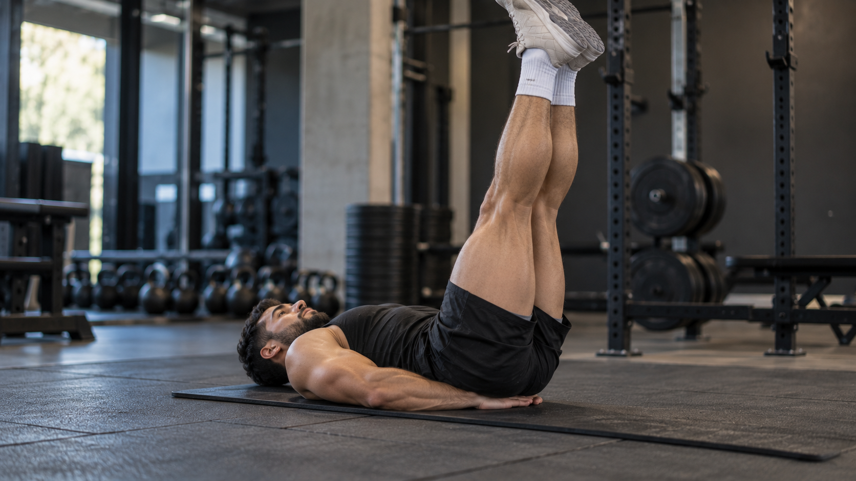 Person lying on a mat doing an assisted straight-leg raise with hands under the hips