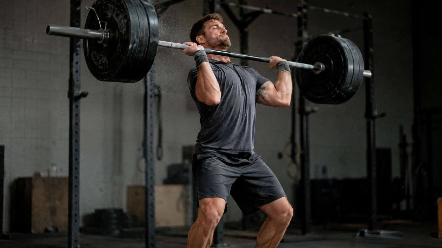 A lifter catches a barbell at shoulder level and presses it overhead in a gym