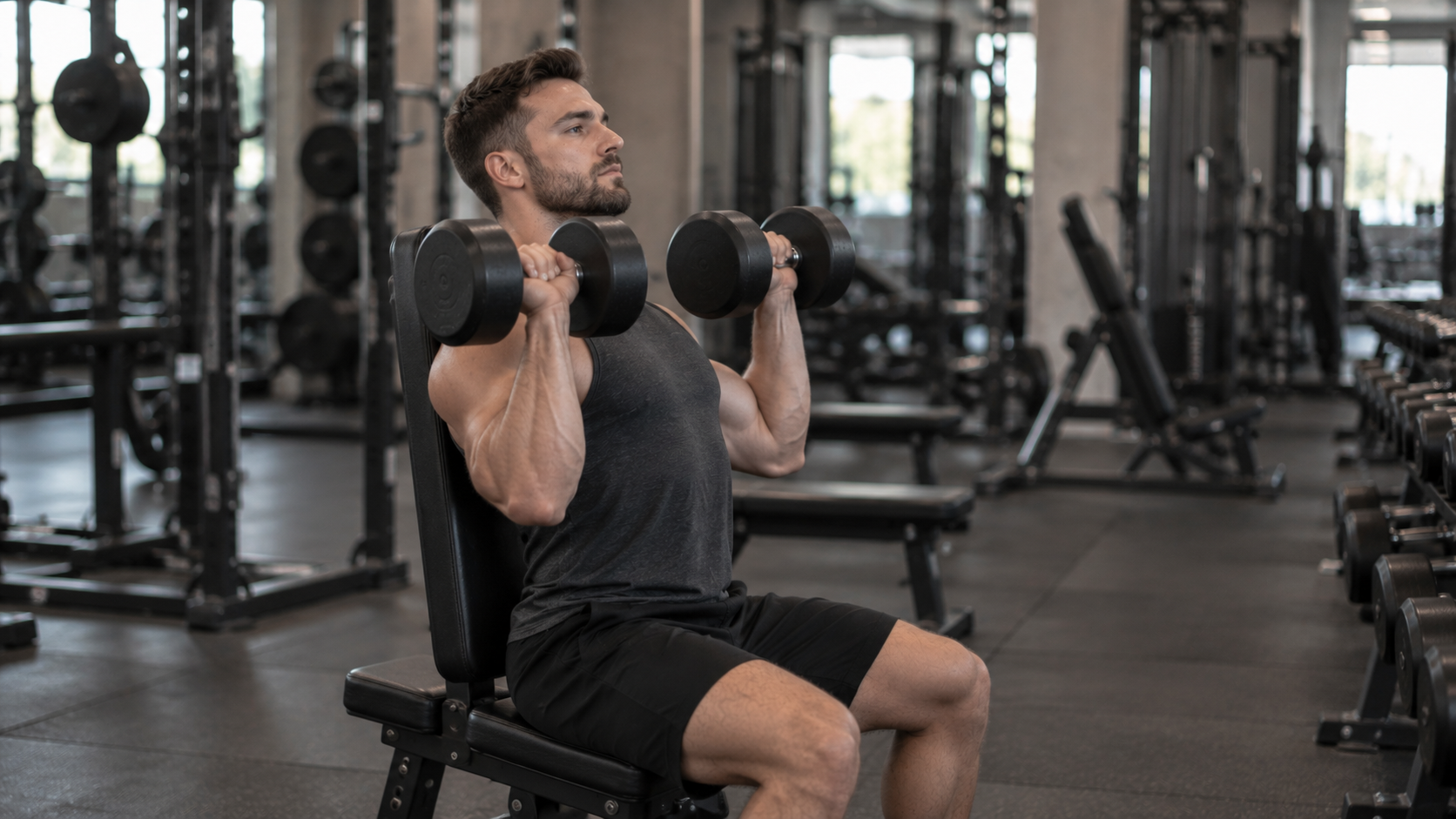 A seated lifter pressing two dumbbells overhead while rotating the wrists