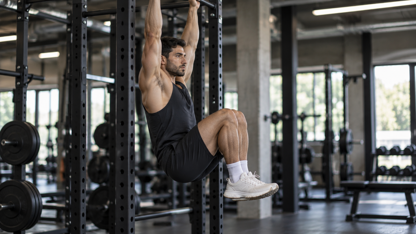 Person doing a controlled hanging knee raise on a pull-up bar