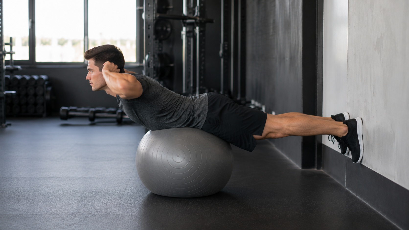 Person doing a back extension on a stability ball with feet anchored