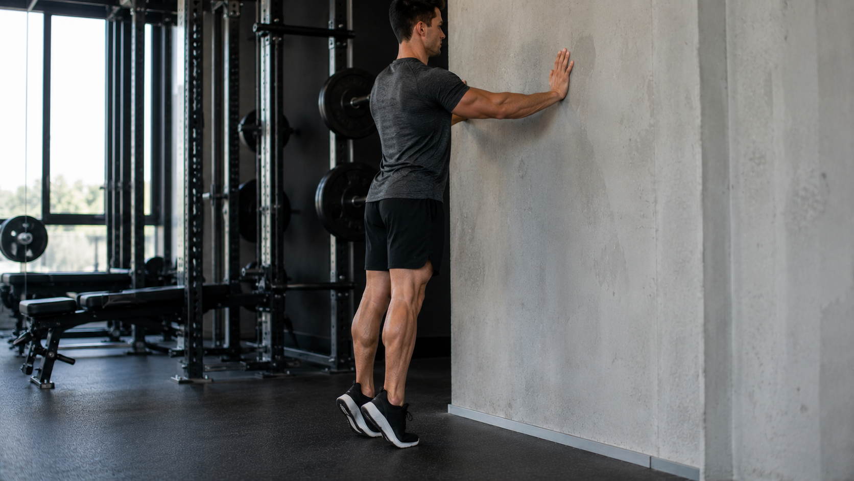 Person doing a standing calf raise beside a wall, heels lifted at the top