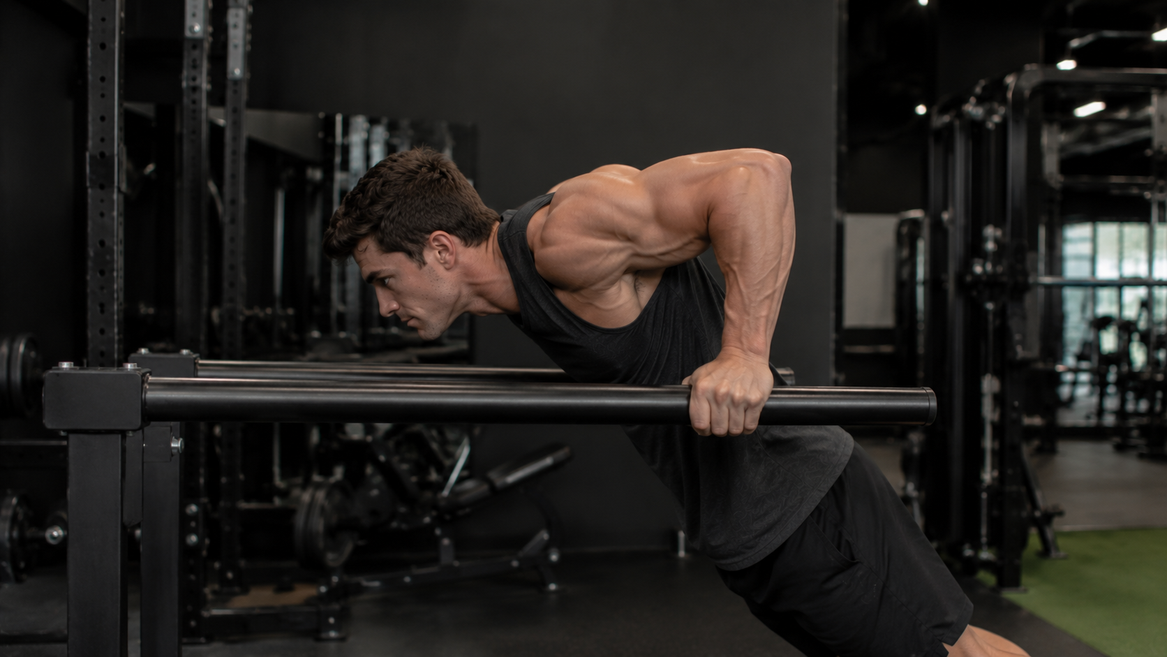Athlete holding the bottom of a chest dip on parallel bars in a gym