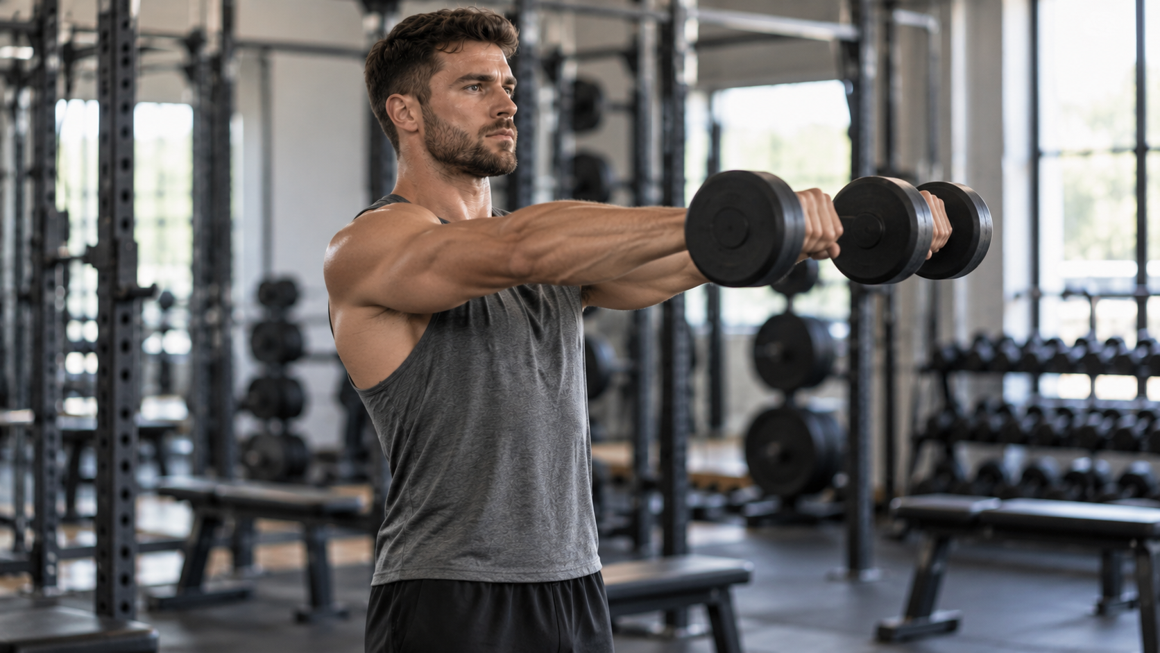 Person holding dumbbells at shoulder height during a front raise