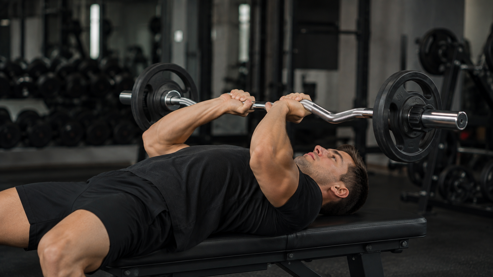 Lifter lowering an EZ barbell to the chest on a flat bench with elbows tucked