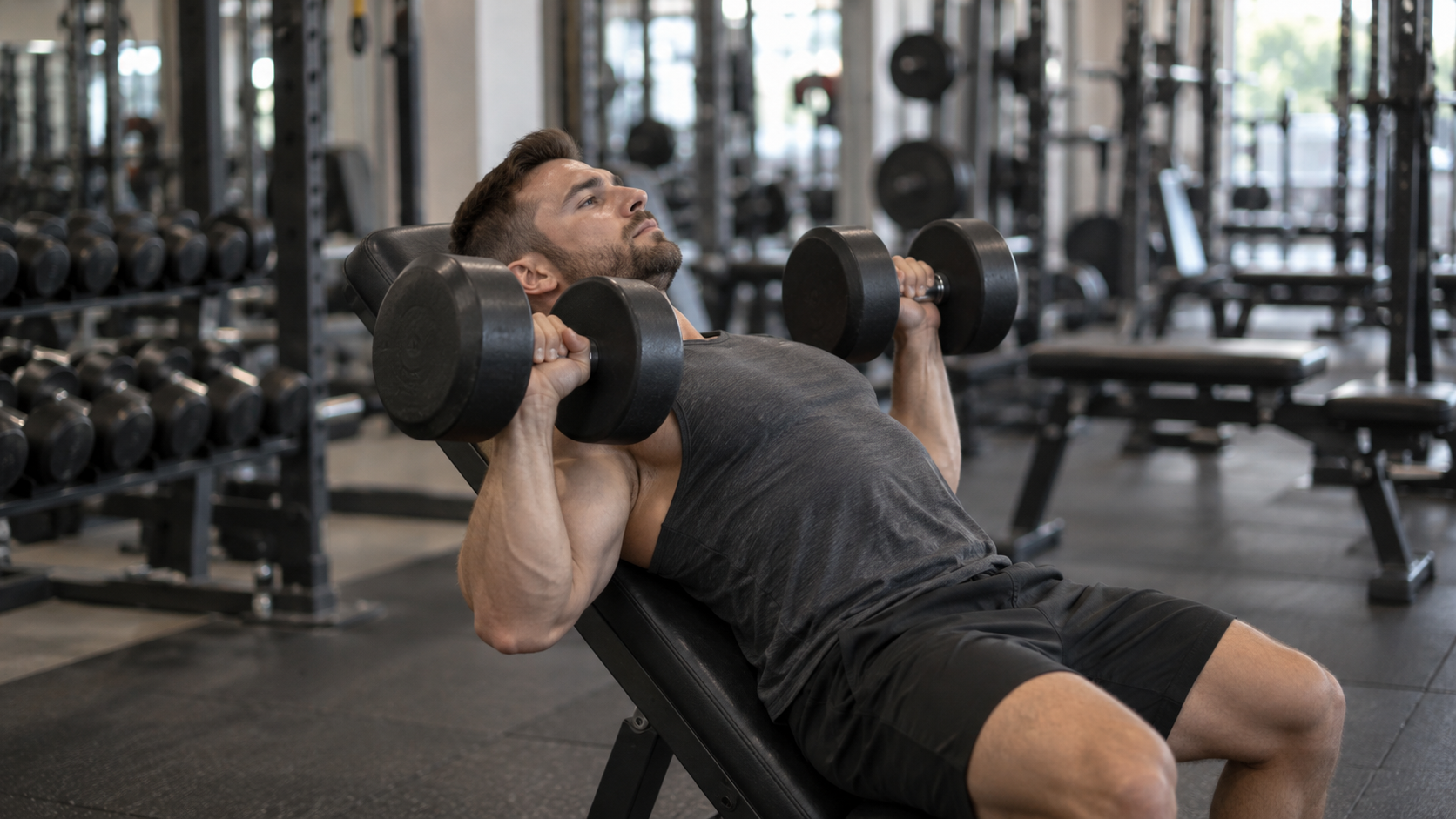 A lifter lowering dumbbells on a 45-degree incline bench in a gym