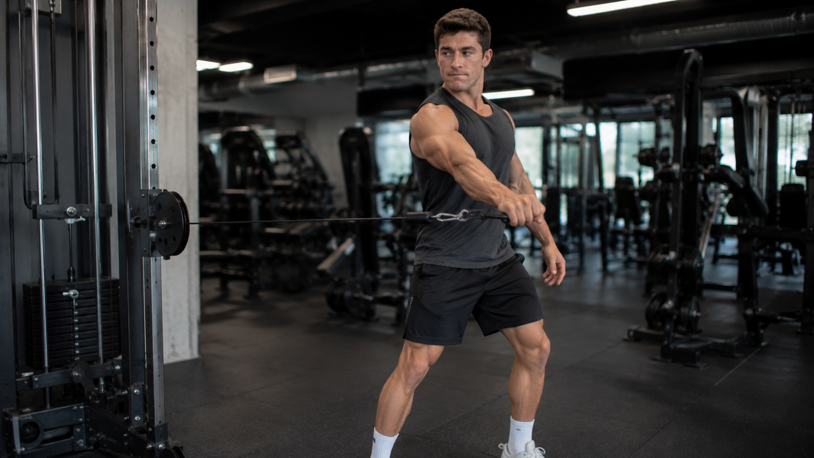 Person doing a single-arm cable twisting pull at a gym