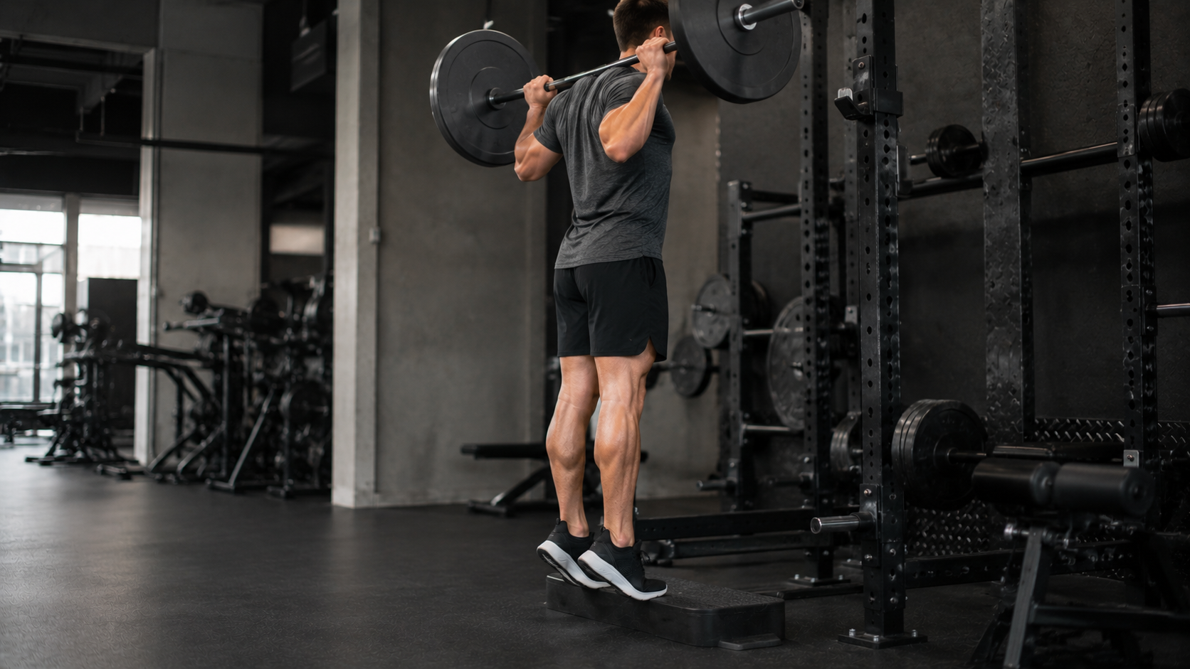 A lifter at the top of a standing barbell calf raise with heels lifted on a step