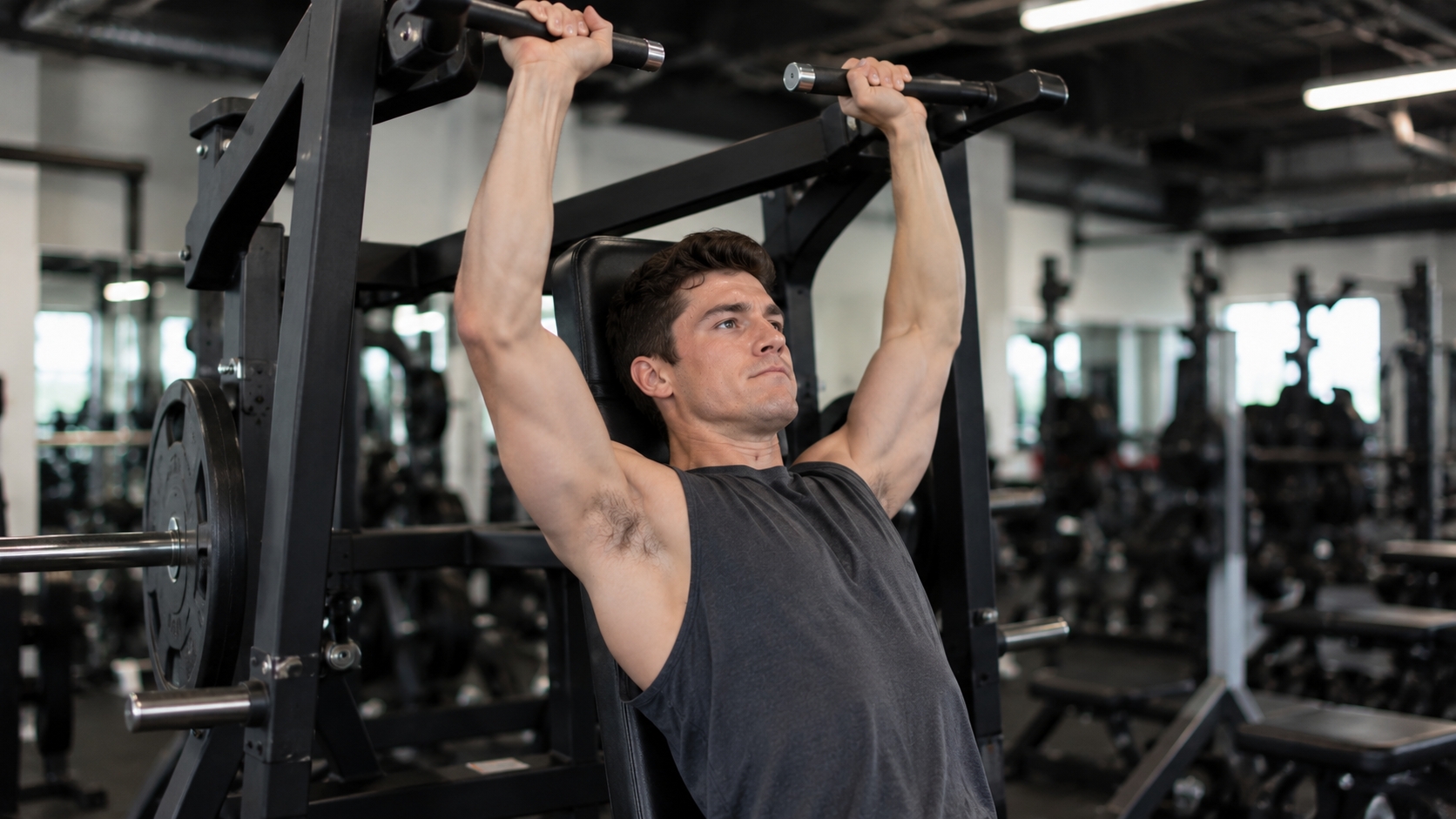 A lifter seated at a shoulder press machine, pressing overhead near lockout