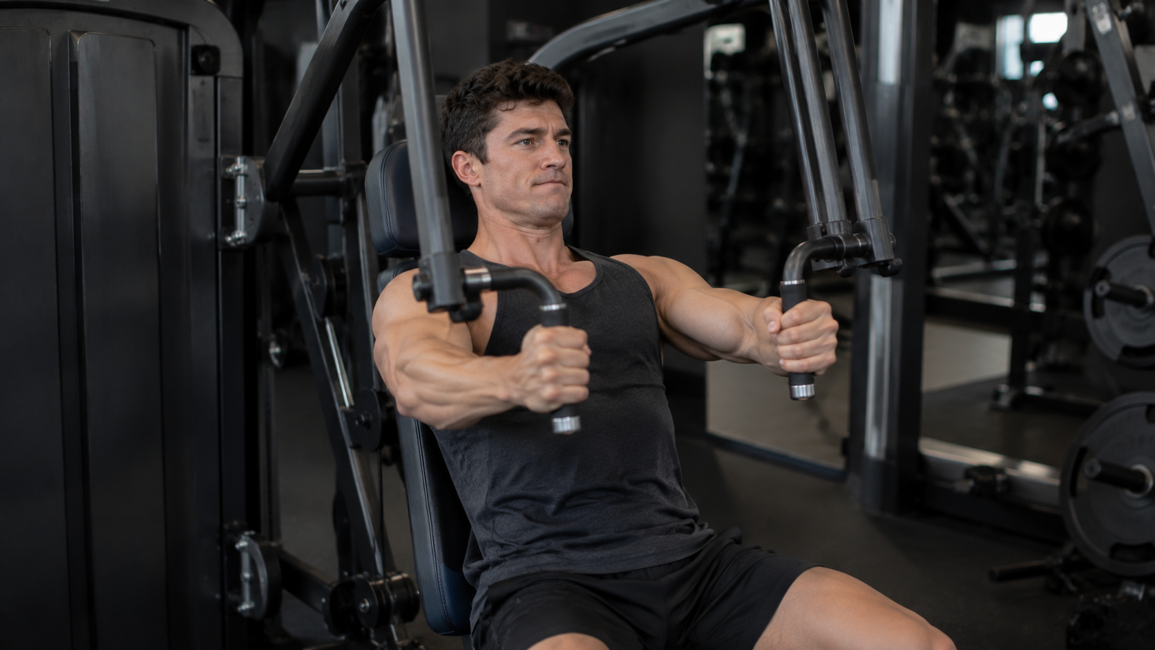 A person doing a seated machine chest press in a gym