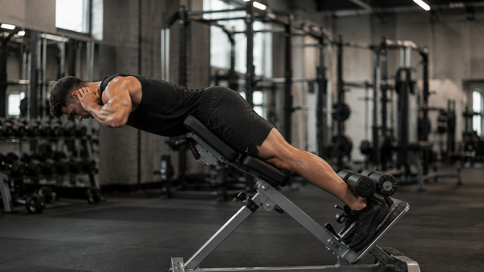 Person doing a back extension on a hyperextension bench in a gym
