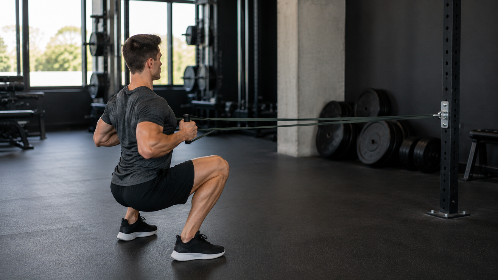 A person performing a band squat row in a gym, pulling the handles toward the body at the bottom of the squat.