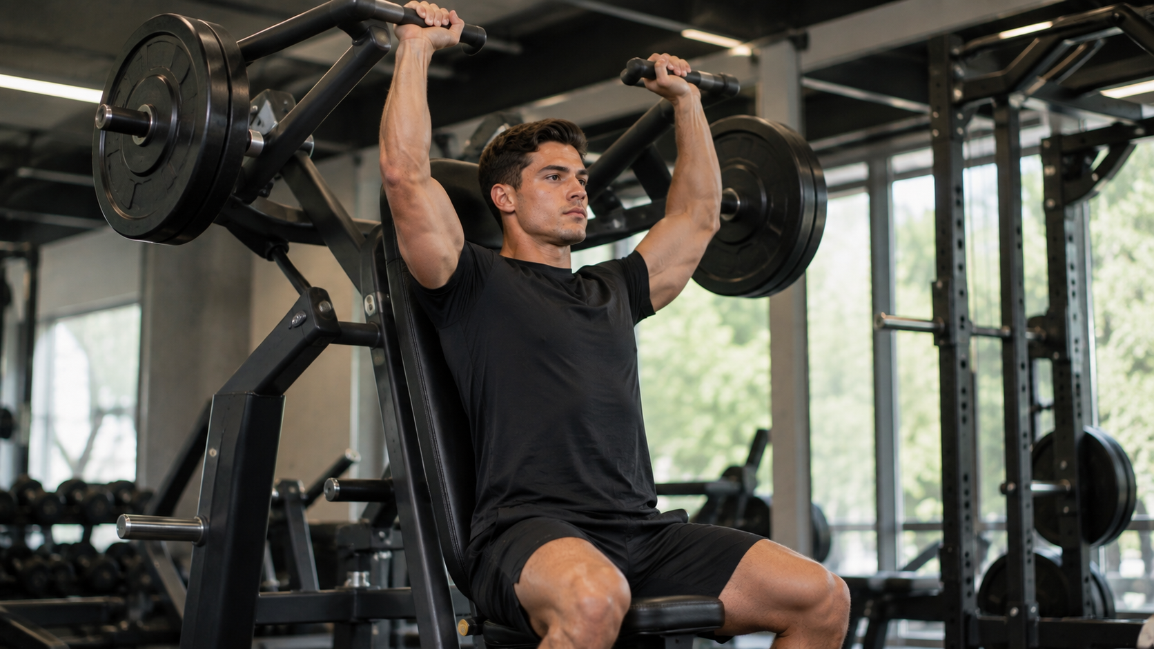 A seated lifter pressing a shoulder press machine overhead in a gym