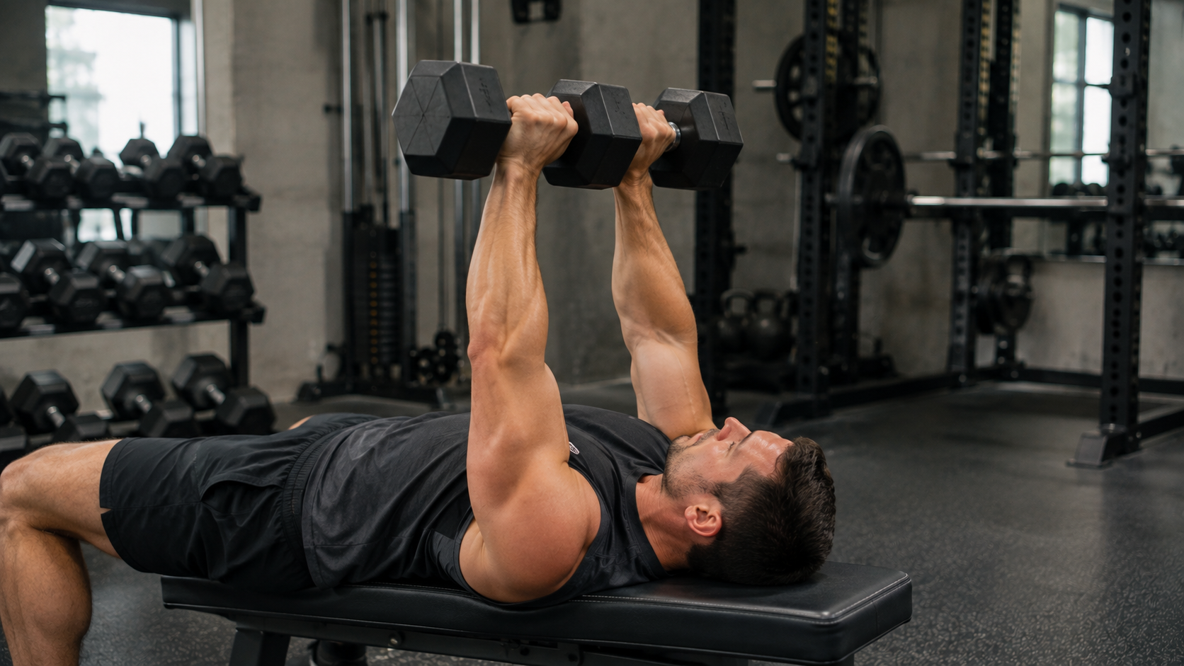 A lifter on a bench holding dumbbells at shoulder width during a close-grip press.