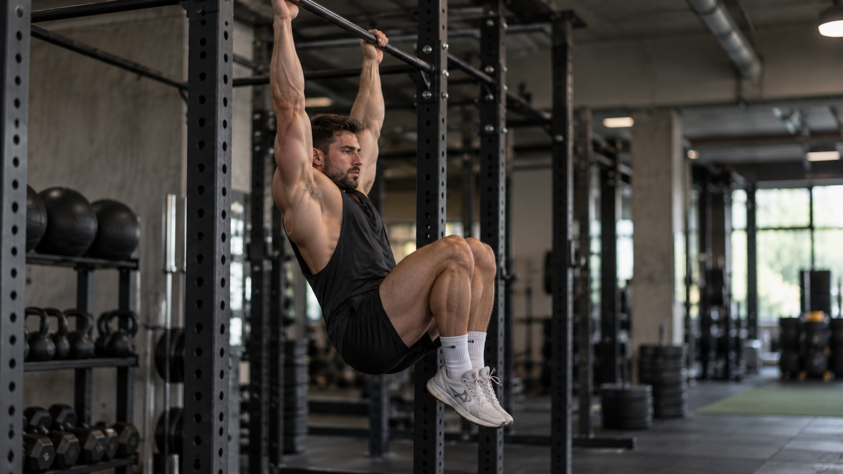 Person hanging from a pull-up bar with knees raised in a gym