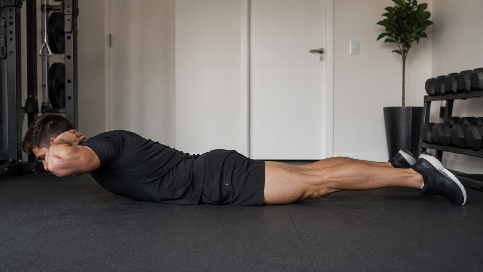 Person doing a bodyweight back extension on the floor in side view