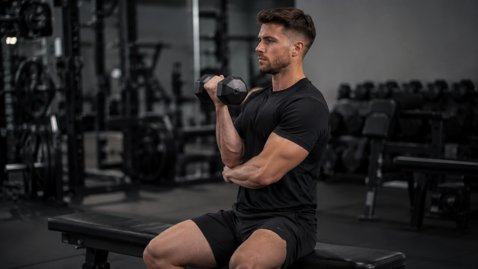 Person seated on a bench rotating a dumbbell at shoulder height
