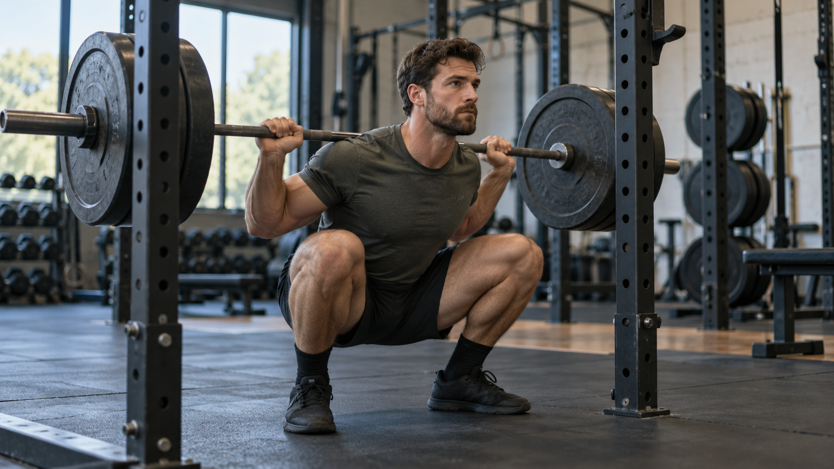 A lifter at the bottom of a barbell back squat in a gym