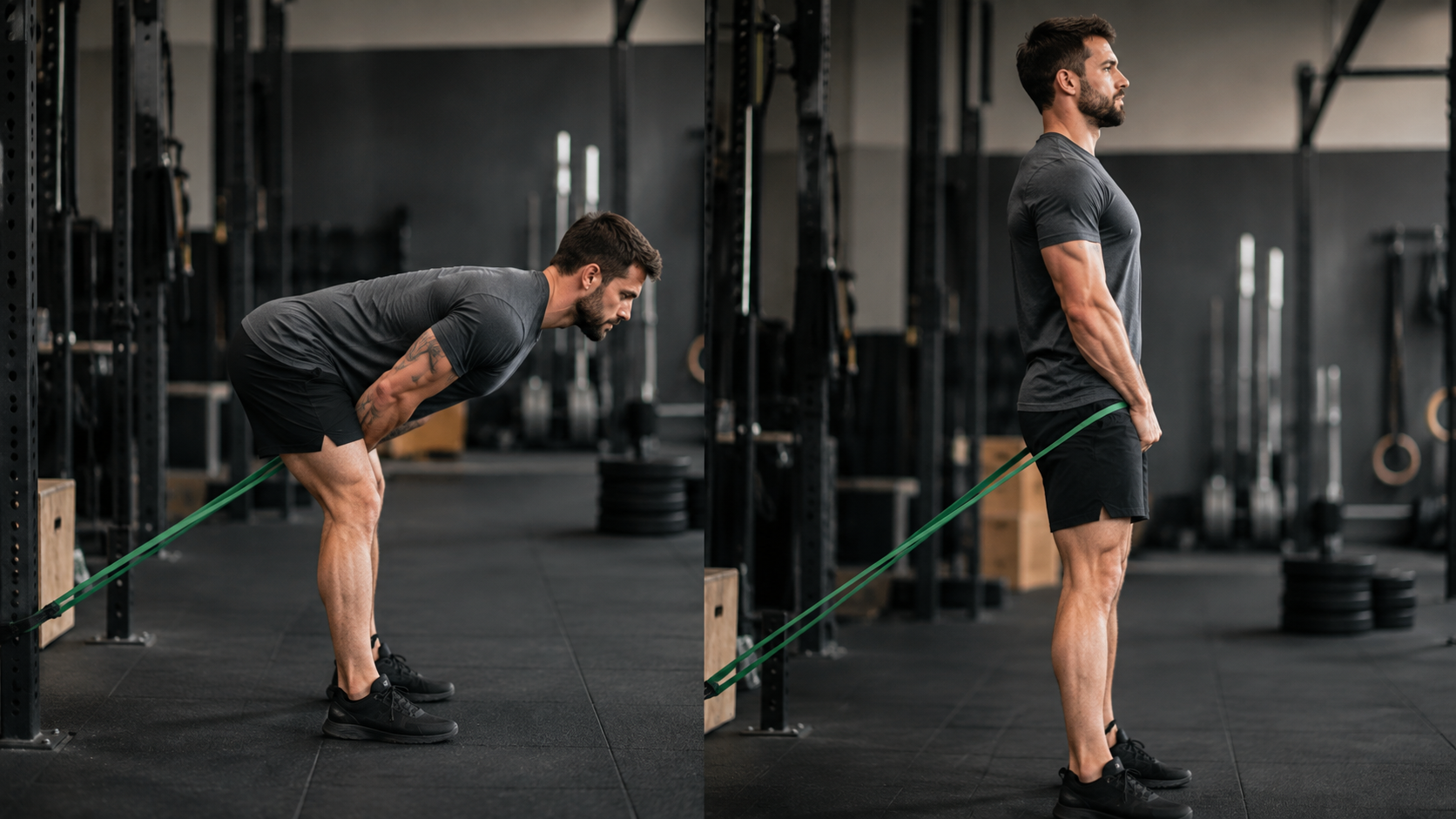 A lifter hinging forward with a band pull through in a gym
