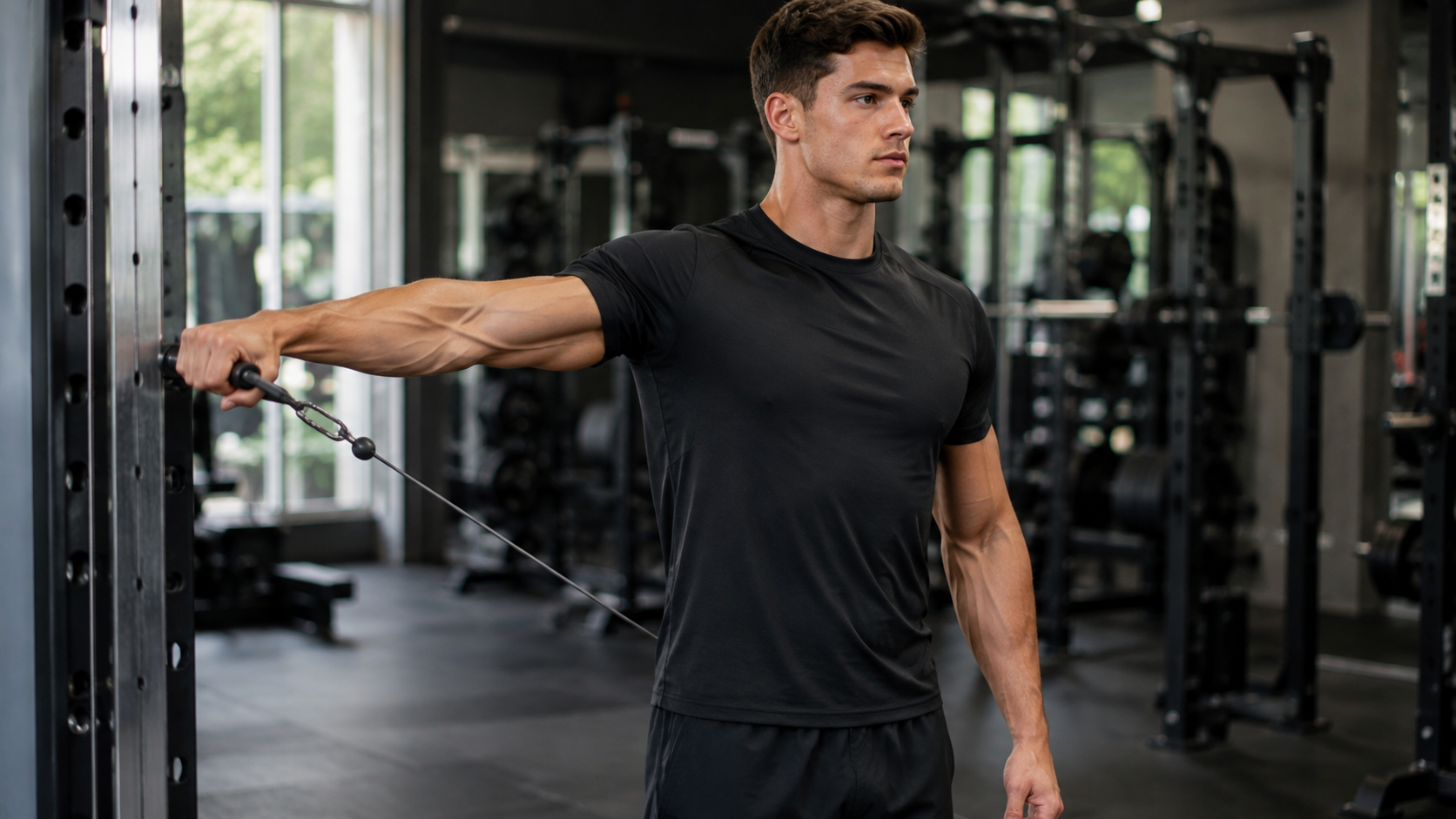 A lifter doing a single-arm cable lateral raise in a gym