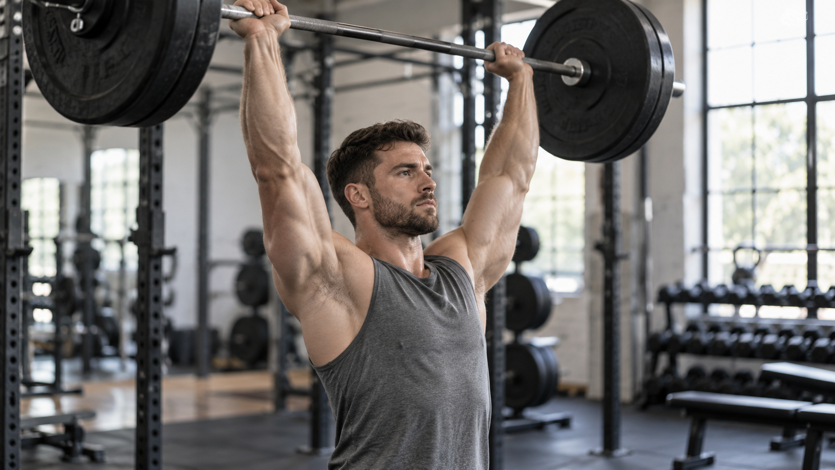 A lifter pressing a barbell overhead in a gym, viewed from the front side